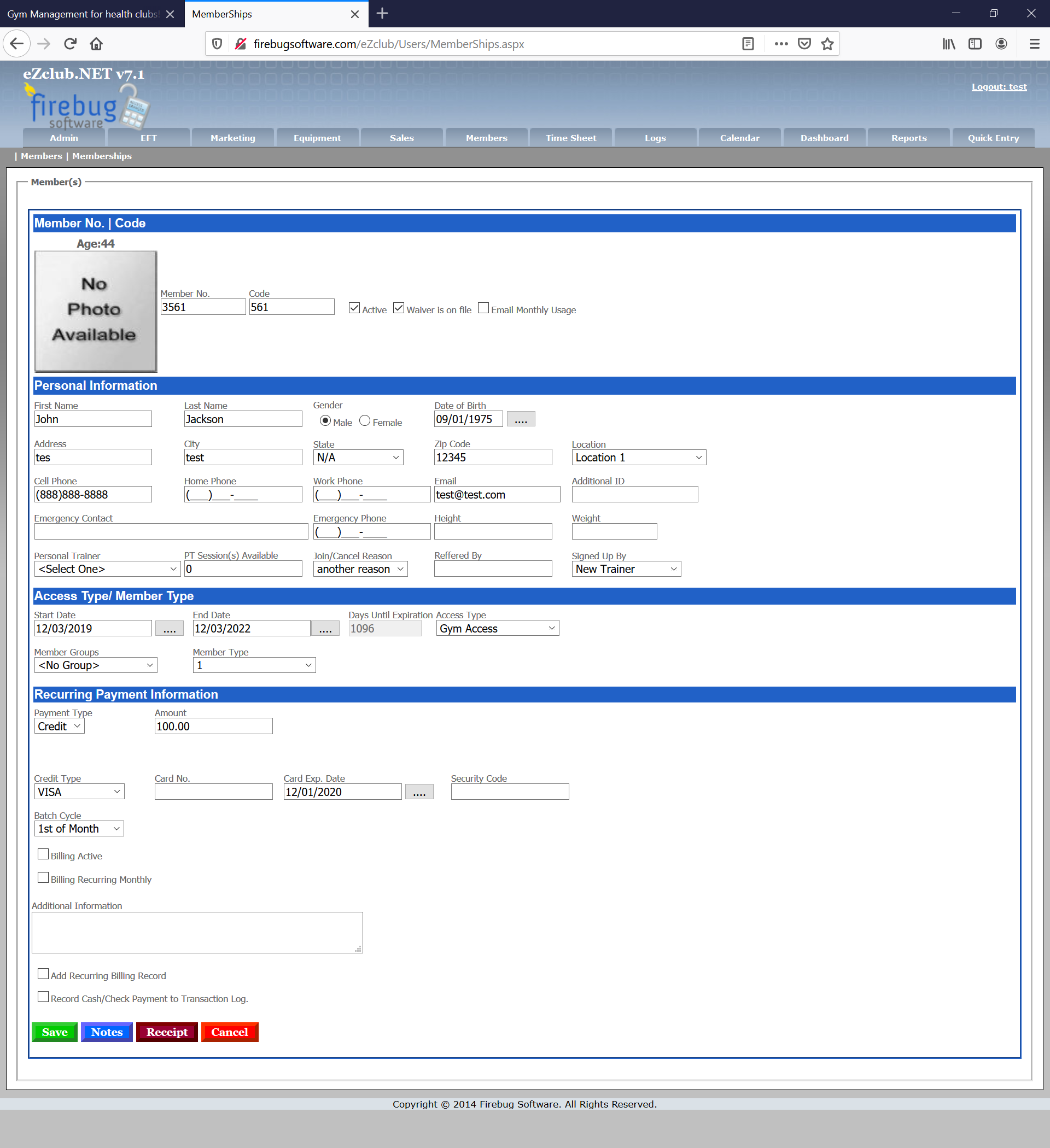 eZclub.Net Gym Member Detail